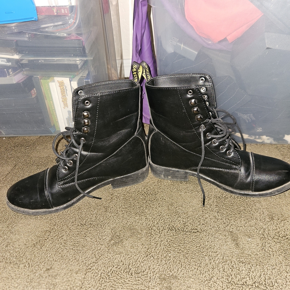 Saxon Black Faux Leather Combat Boots - Picture 5 of 7